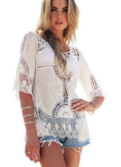 blusa Jastie Bohemian Hollow Out Beach Cover Up Blouse Beach Shirt Women Crochet Lace Top Blusas mujer de moda Summer Shirt Tops