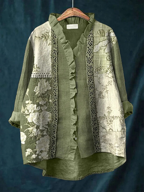 blusa New Green Embroidered Floral Lace-trimmed Top